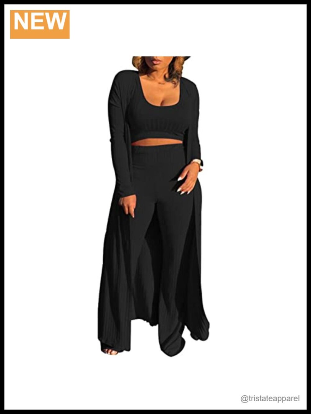 Women's Knitted 3-Piece Tracksuit Set Long Sleeve Cardigan Crop Tank Wide Leg